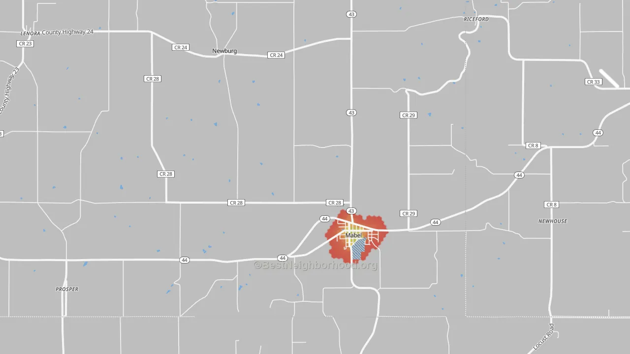 Walk Grade map of 55954, MN, walkable areas in green and car-dependent areas in red