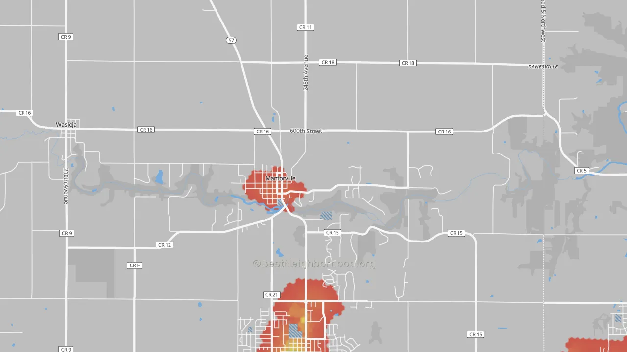 Walk Grade map of 55955, MN, walkable areas in green and car-dependent areas in red