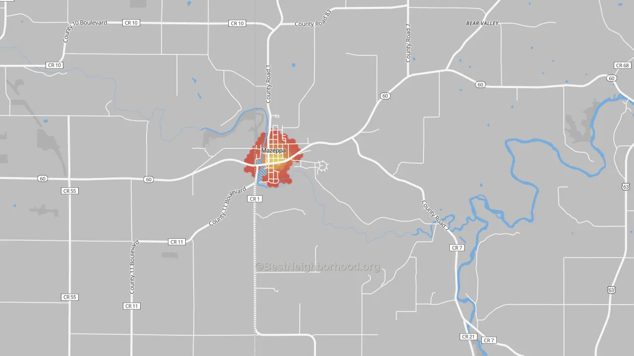 Walk Grade map of 55956, MN, walkable areas in green and car-dependent areas in red