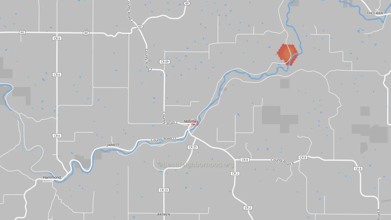 Walk Grade map of 55957, MN, walkable areas in green and car-dependent areas in red