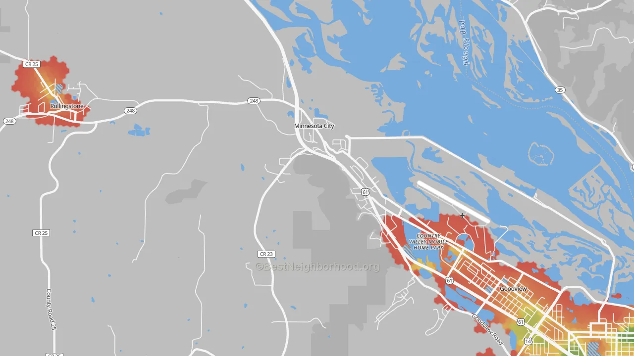 Walk Grade map of 55959, MN, walkable areas in green and car-dependent areas in red