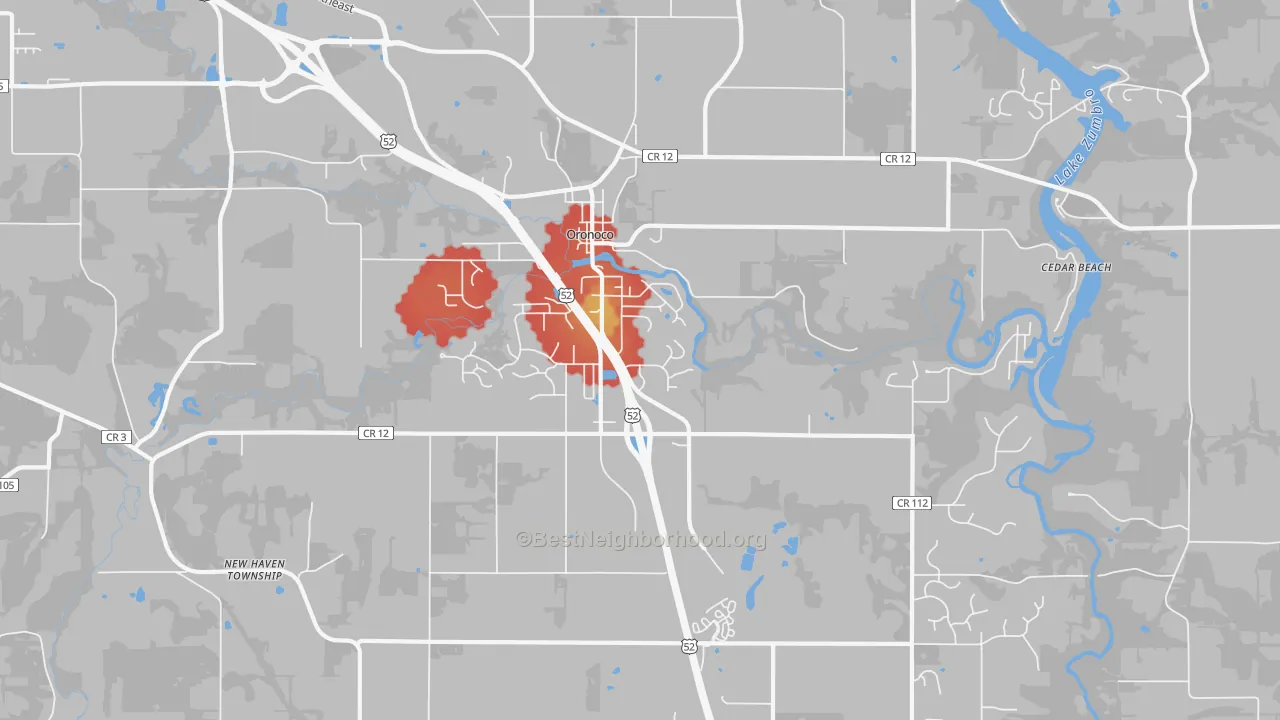 Walk Grade map of 55960, MN, walkable areas in green and car-dependent areas in red