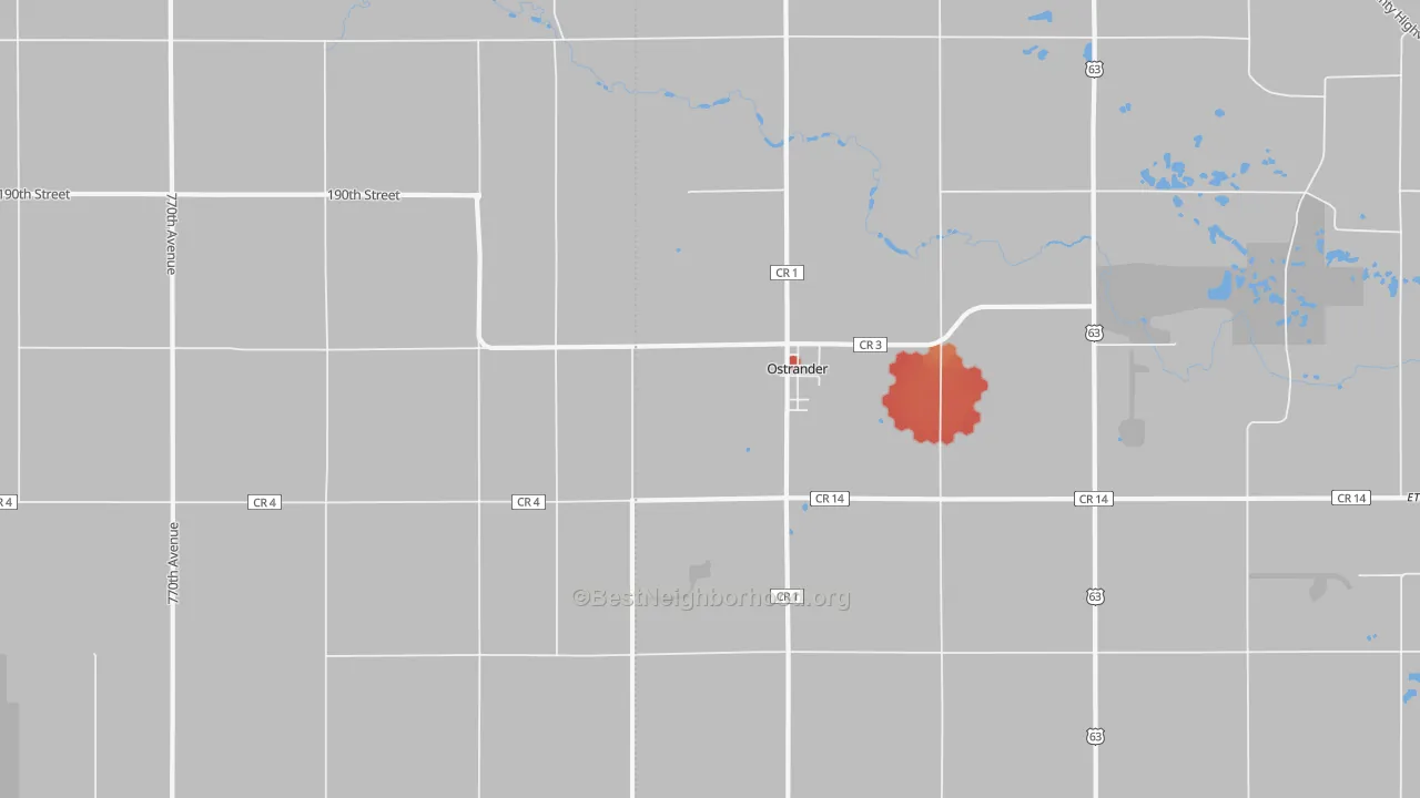 Walk Grade map of 55961, MN, walkable areas in green and car-dependent areas in red