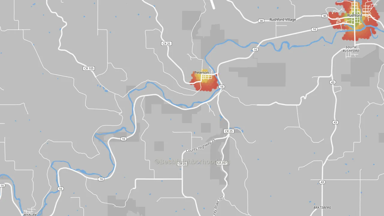 Walk Grade map of 55962, MN, walkable areas in green and car-dependent areas in red