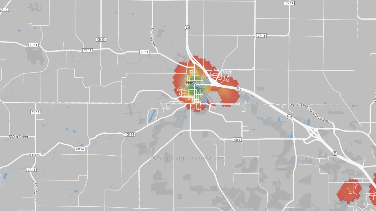 Walk Grade map of 55963, MN, walkable areas in green and car-dependent areas in red