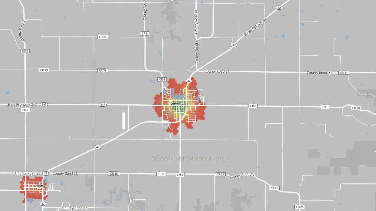 Walk Grade map of 55964, MN, walkable areas in green and car-dependent areas in red