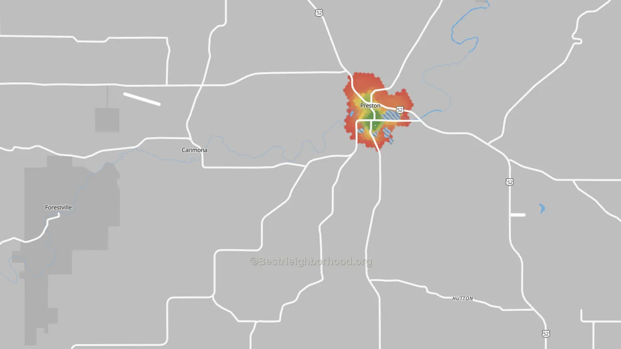 Walk Grade map of 55965, MN, walkable areas in green and car-dependent areas in red