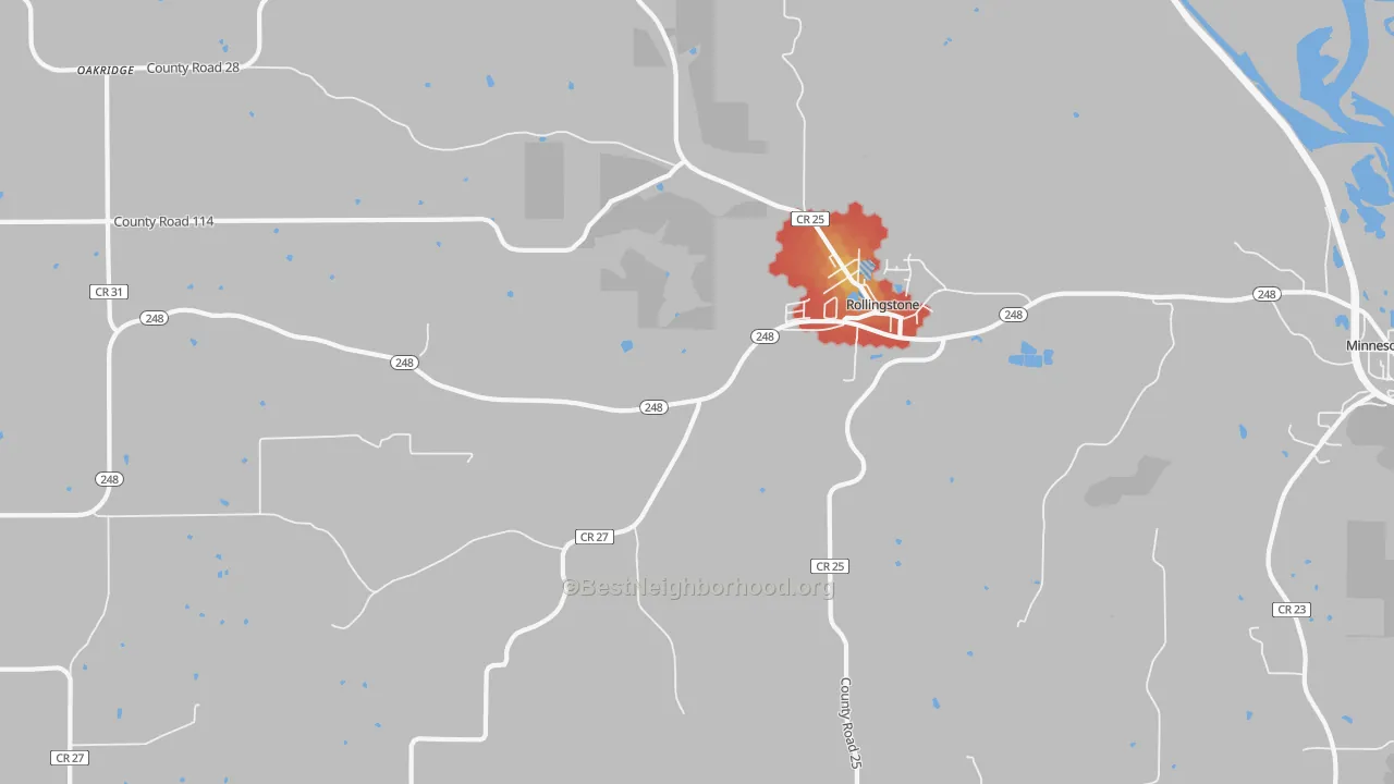 Walk Grade map of 55969, MN, walkable areas in green and car-dependent areas in red