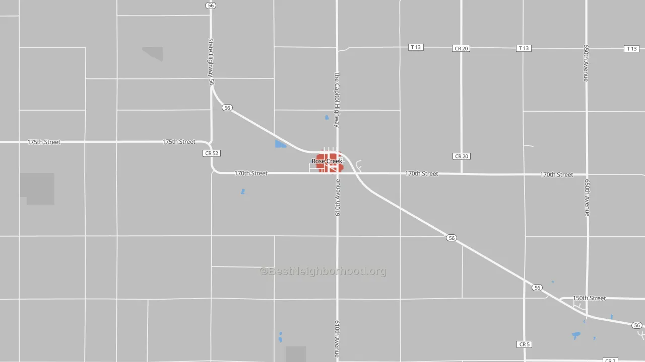 Walk Grade map of 55970, MN, walkable areas in green and car-dependent areas in red