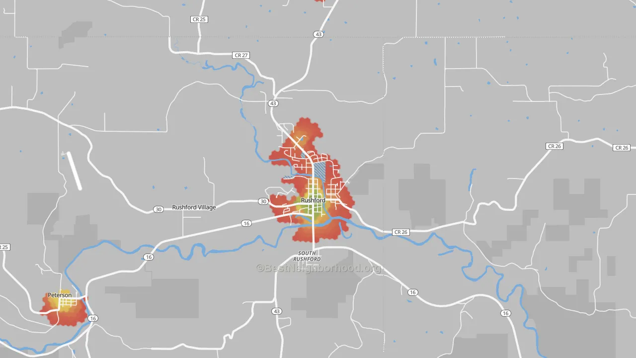 Walk Grade map of 55971, MN, walkable areas in green and car-dependent areas in red