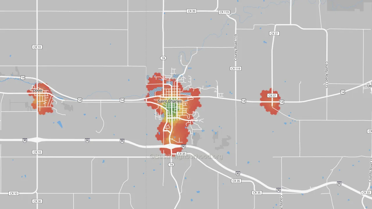 Walk Grade map of 55972, MN, walkable areas in green and car-dependent areas in red