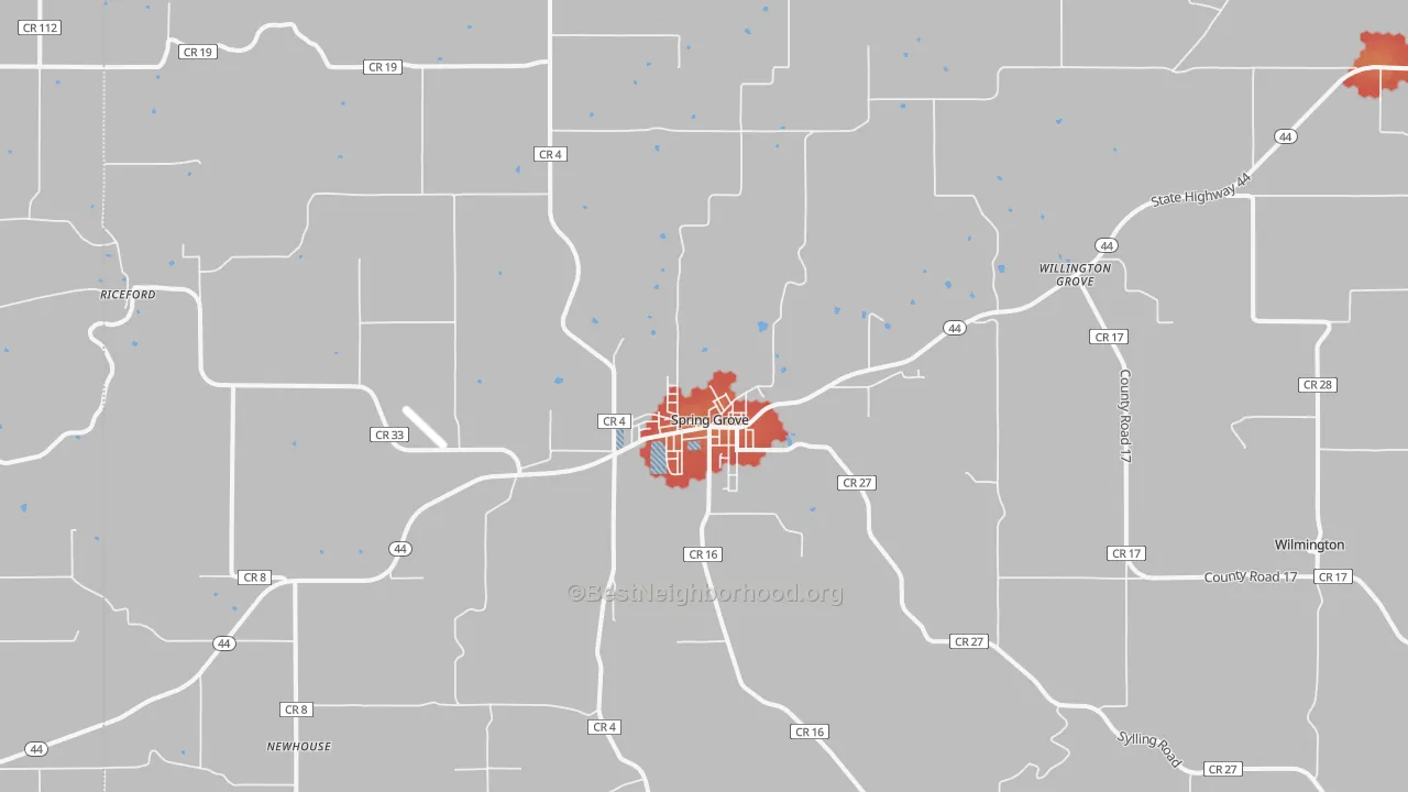 Walk Grade map of 55974, MN, walkable areas in green and car-dependent areas in red