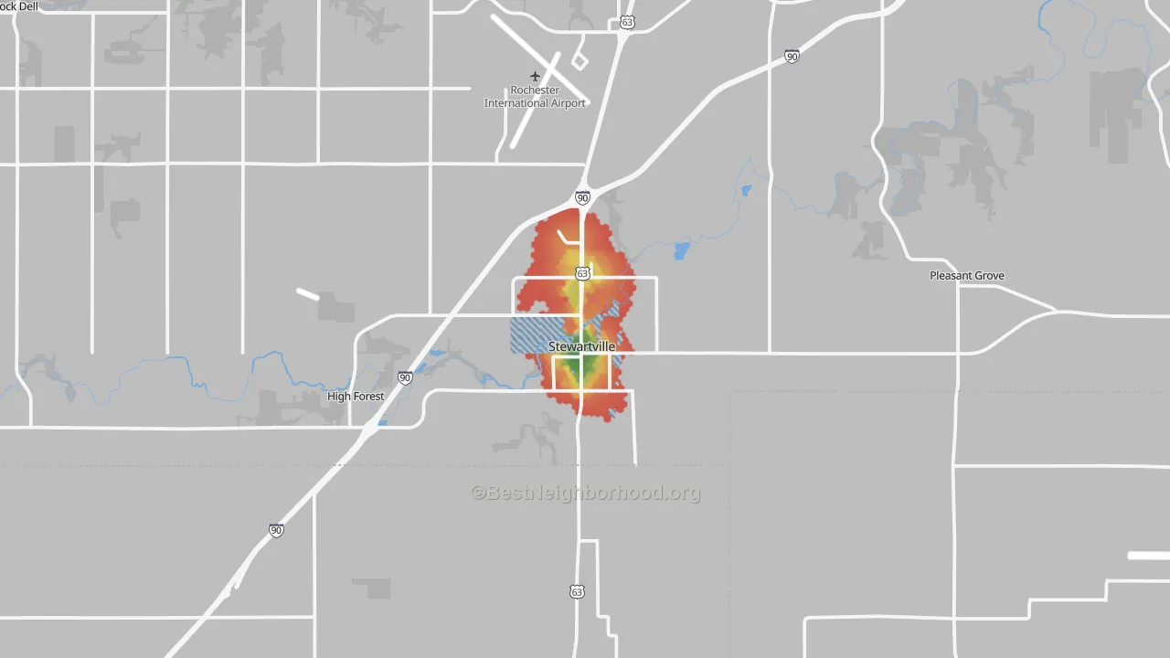 Walk Grade map of 55976, MN, walkable areas in green and car-dependent areas in red