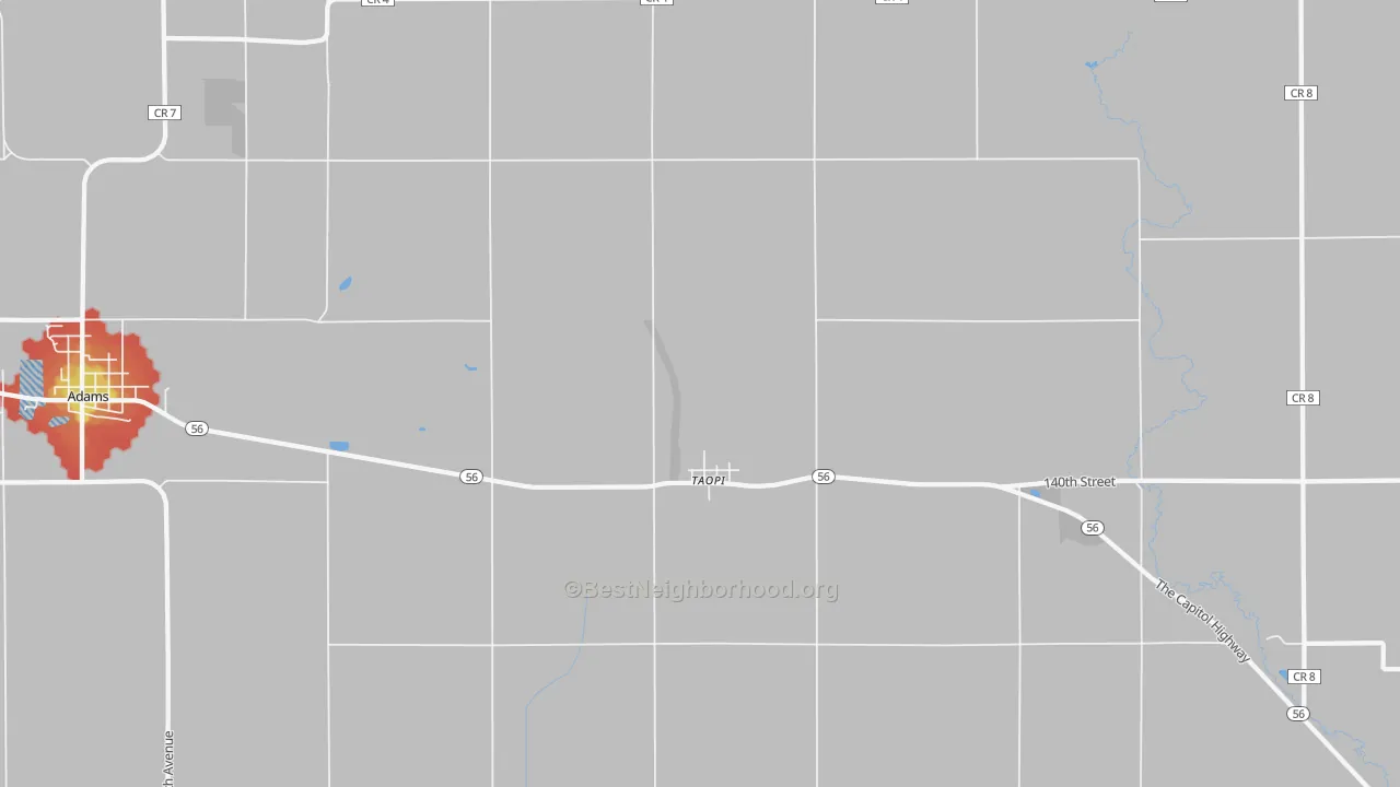 Walk Grade map of 55977, MN, walkable areas in green and car-dependent areas in red