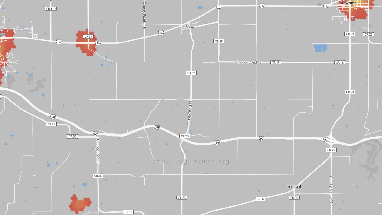 Walk Grade map of 55979, MN, walkable areas in green and car-dependent areas in red