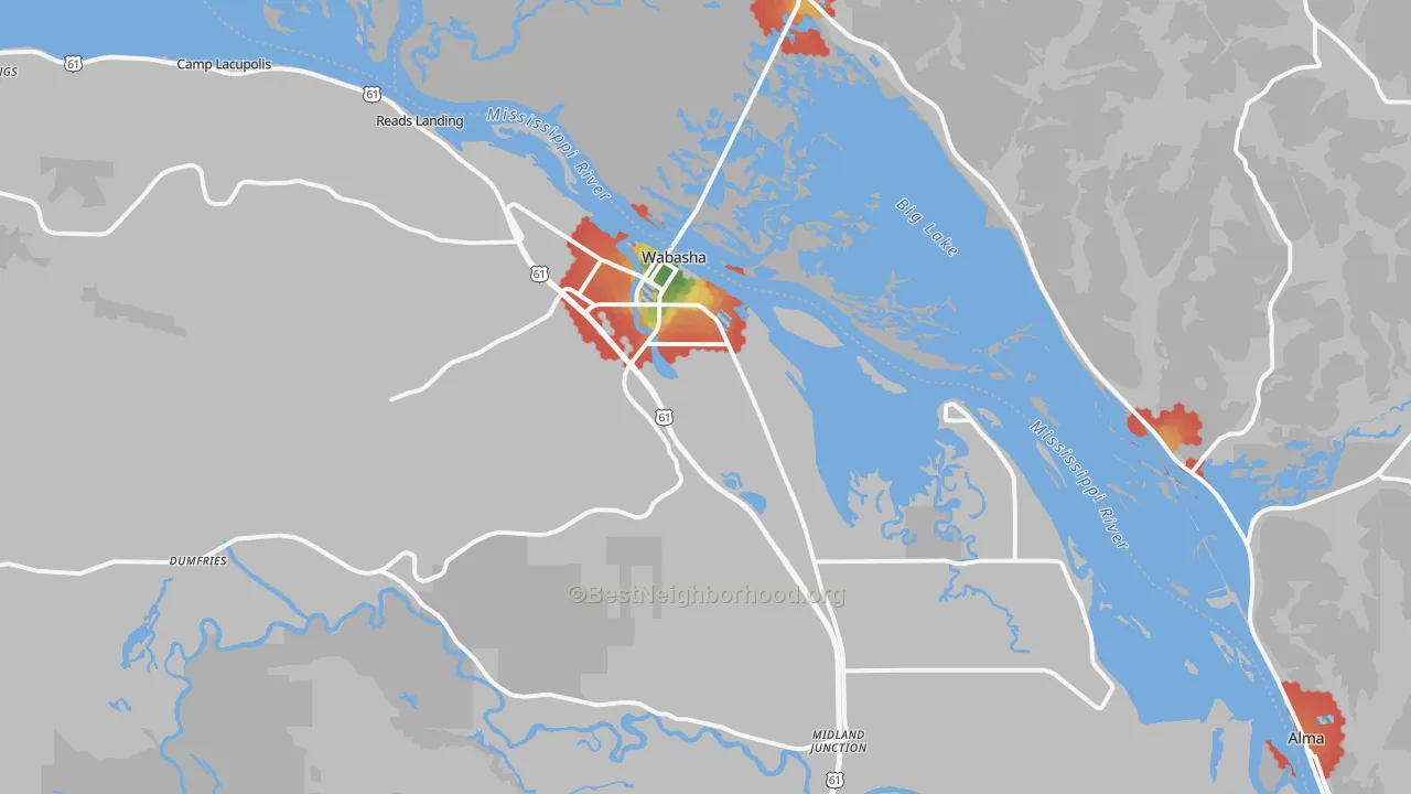 Walk Grade map of 55981, MN, walkable areas in green and car-dependent areas in red