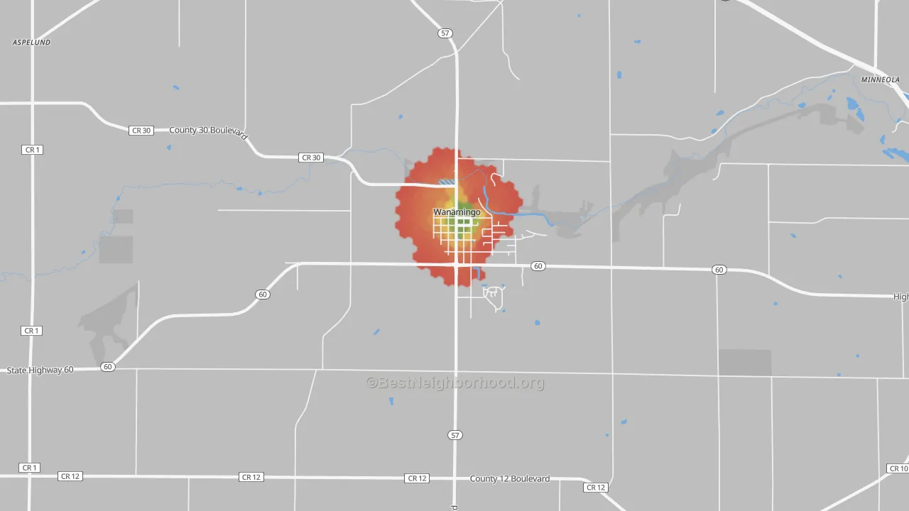 Walk Grade map of 55983, MN, walkable areas in green and car-dependent areas in red