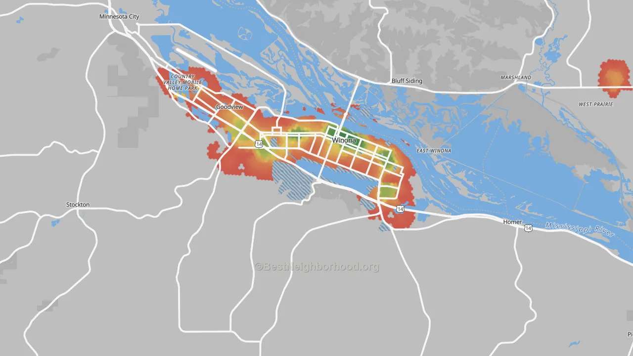 Walk Grade map of 55987, MN, walkable areas in green and car-dependent areas in red