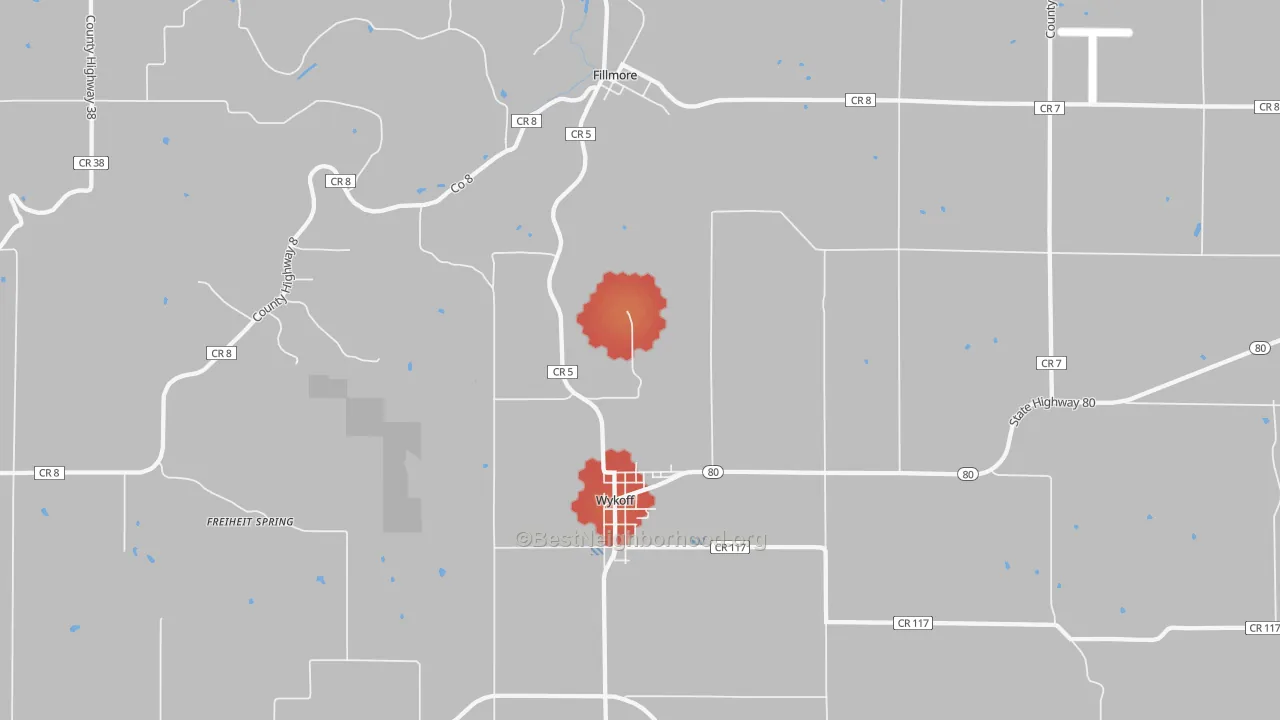 Walk Grade map of 55990, MN, walkable areas in green and car-dependent areas in red