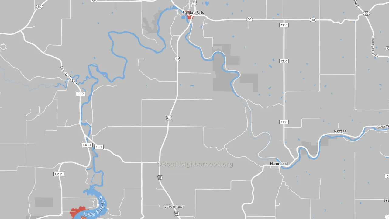 Walk Grade map of 55991, MN, walkable areas in green and car-dependent areas in red