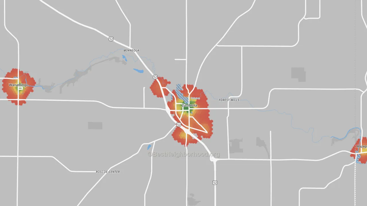 Walk Grade map of 55992, MN, walkable areas in green and car-dependent areas in red