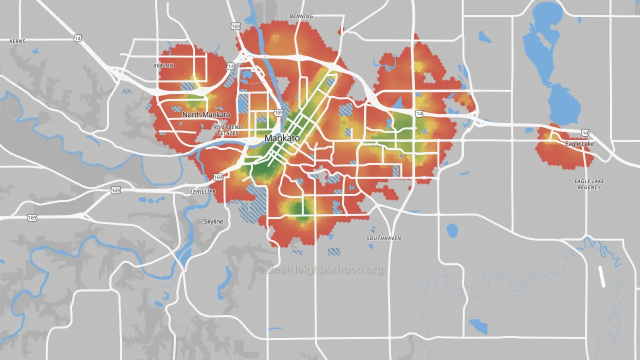 Walk Grade map of 56001, MN, walkable areas in green and car-dependent areas in red