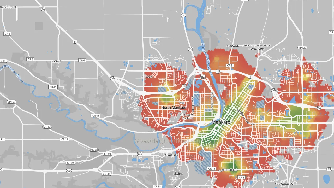 Walk Grade map of 56003, MN, walkable areas in green and car-dependent areas in red