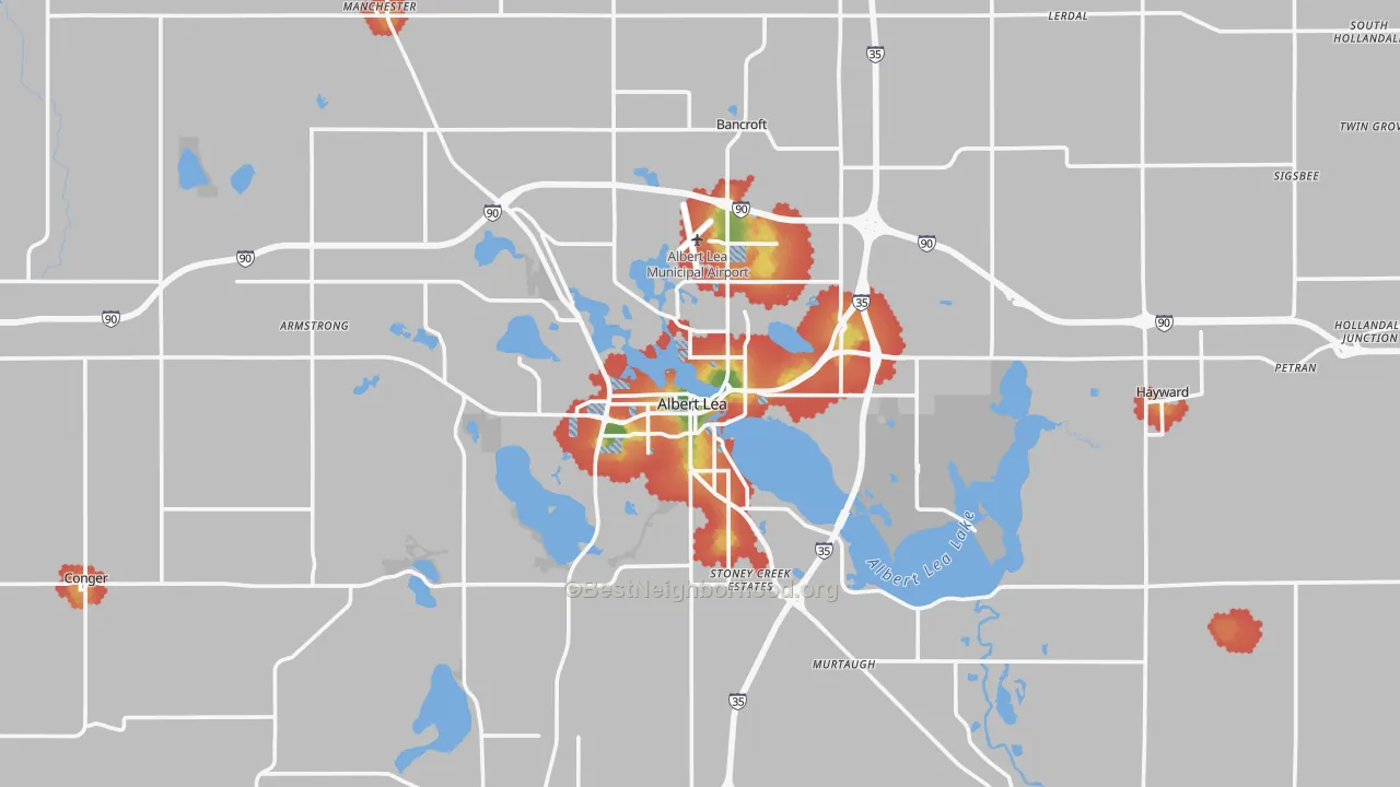 Walk Grade map of 56007, MN, walkable areas in green and car-dependent areas in red