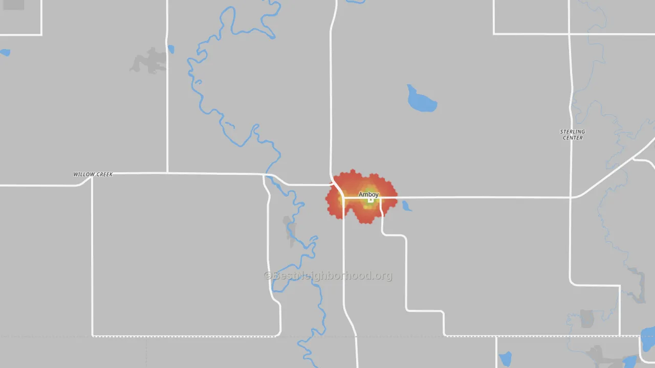Walk Grade map of 56010, MN, walkable areas in green and car-dependent areas in red