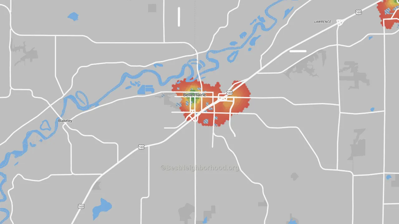 Walk Grade map of 56011, MN, walkable areas in green and car-dependent areas in red