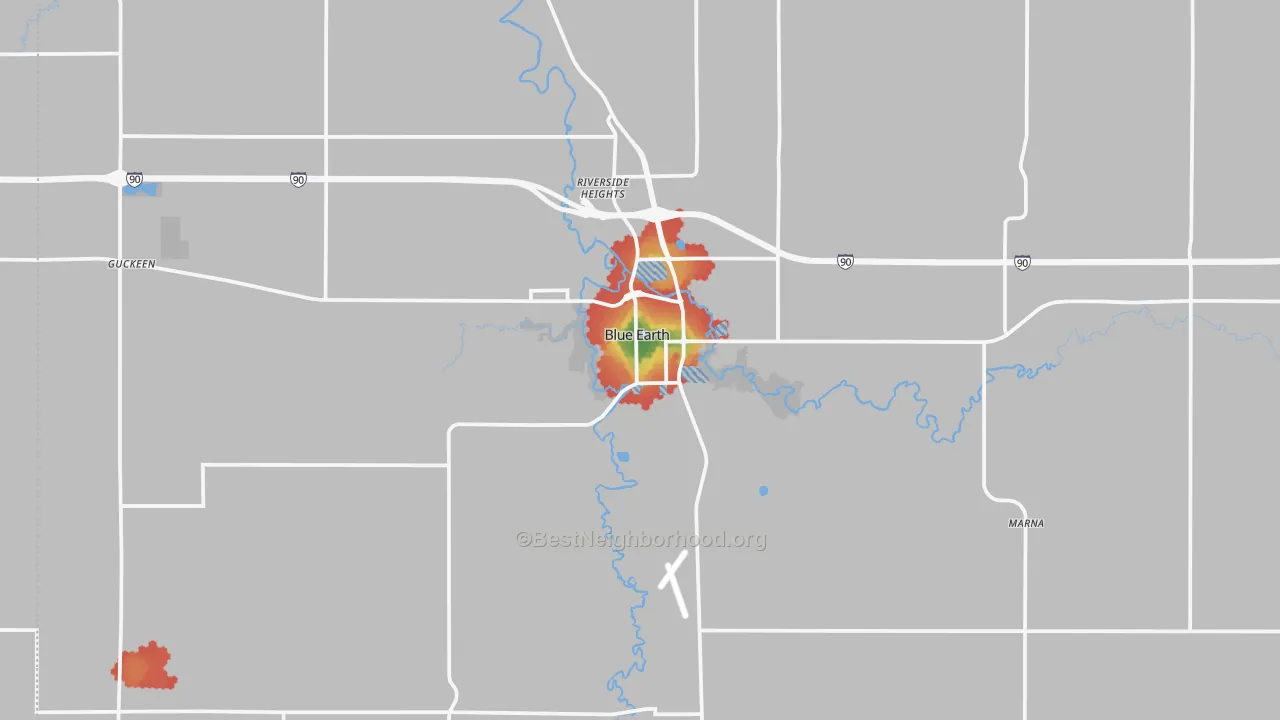 Walk Grade map of 56013, MN, walkable areas in green and car-dependent areas in red