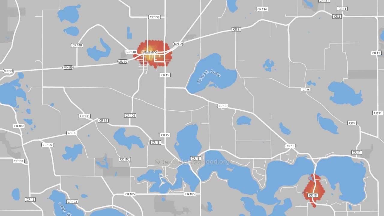 Walk Grade map of 56017, MN, walkable areas in green and car-dependent areas in red
