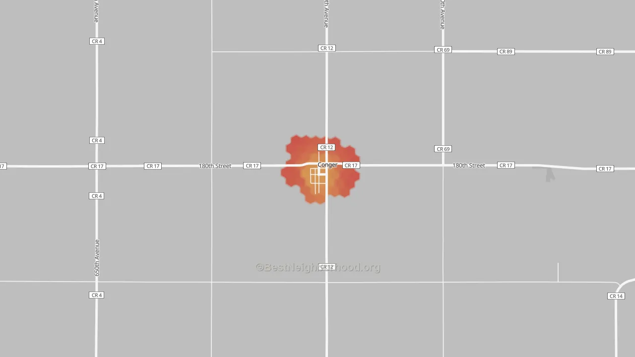 Walk Grade map of 56020, MN, walkable areas in green and car-dependent areas in red