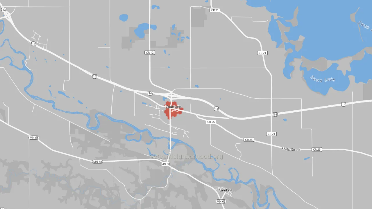 Walk Grade map of 56021, MN, walkable areas in green and car-dependent areas in red