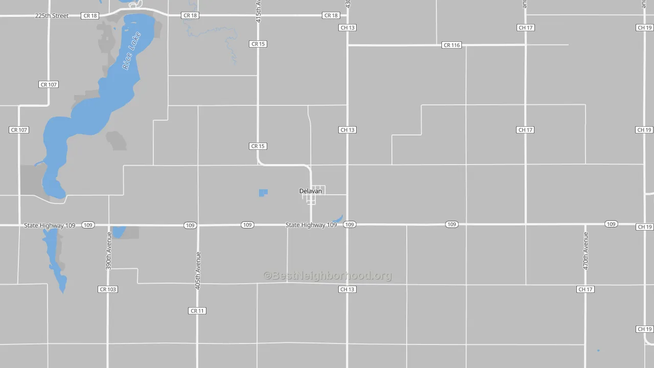 Walk Grade map of 56023, MN, walkable areas in green and car-dependent areas in red