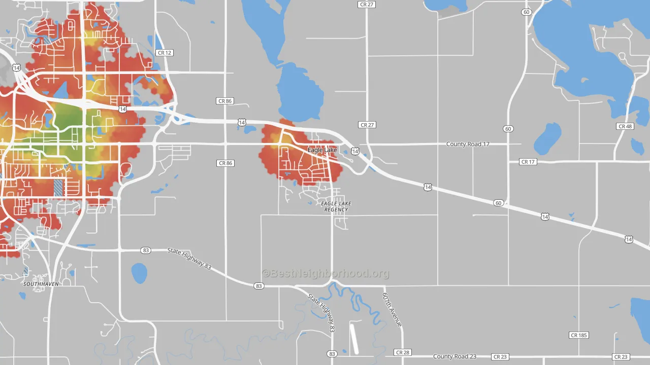 Walk Grade map of 56024, MN, walkable areas in green and car-dependent areas in red