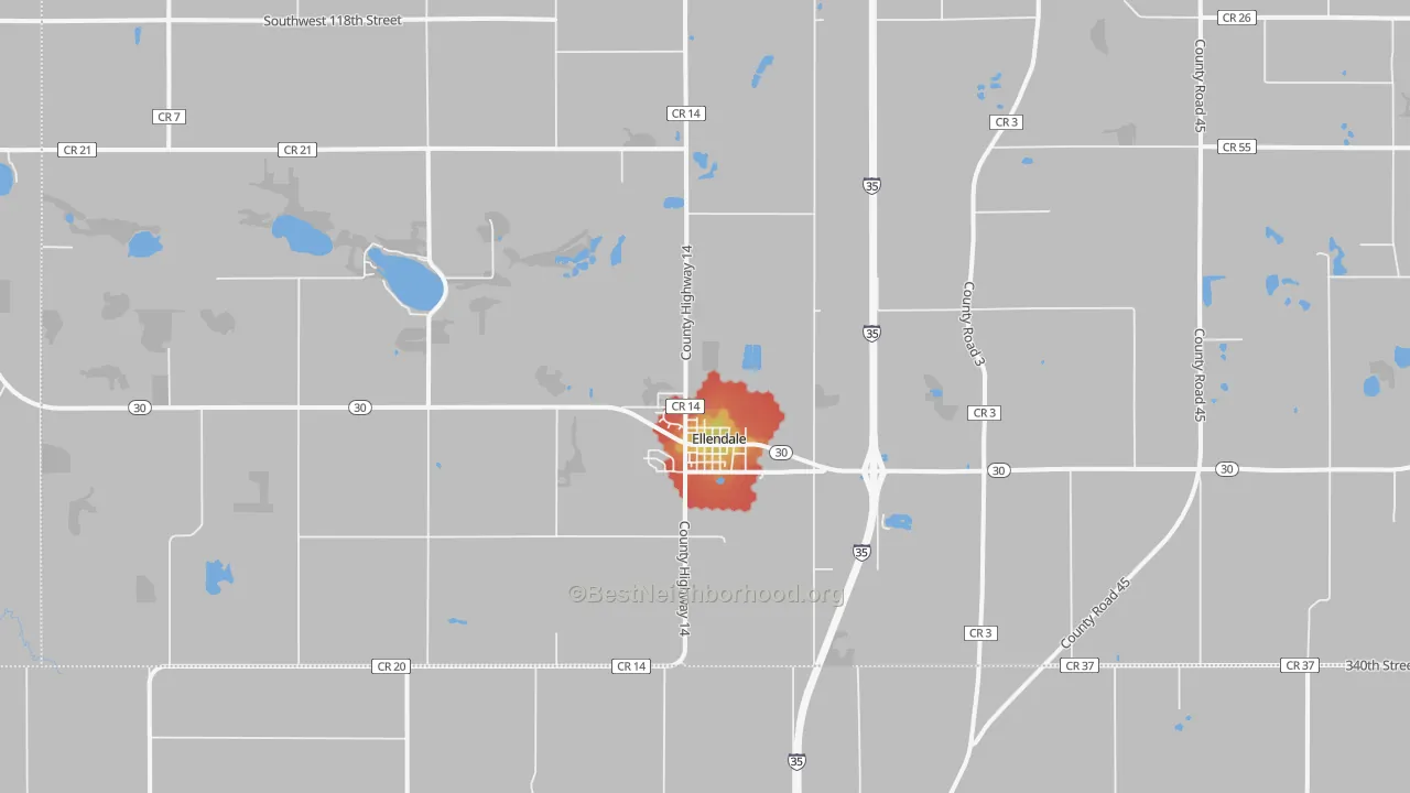 Walk Grade map of 56026, MN, walkable areas in green and car-dependent areas in red