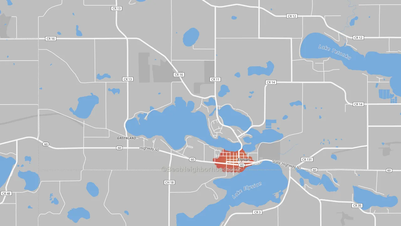 Walk Grade map of 56028, MN, walkable areas in green and car-dependent areas in red