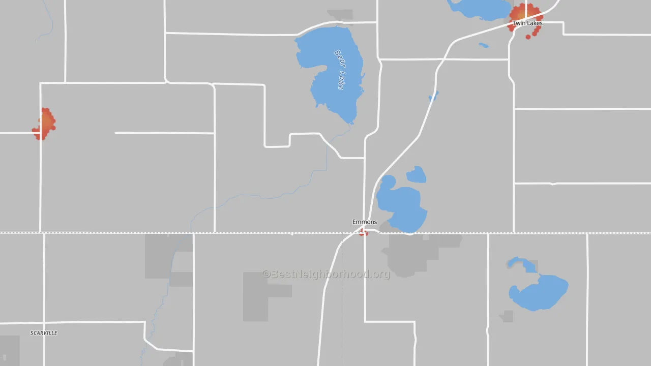 Walk Grade map of 56029, MN, walkable areas in green and car-dependent areas in red