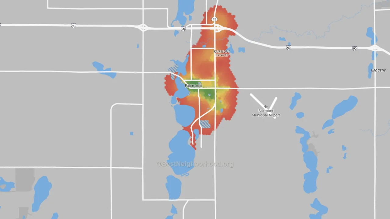 Walk Grade map of 56031, MN, walkable areas in green and car-dependent areas in red