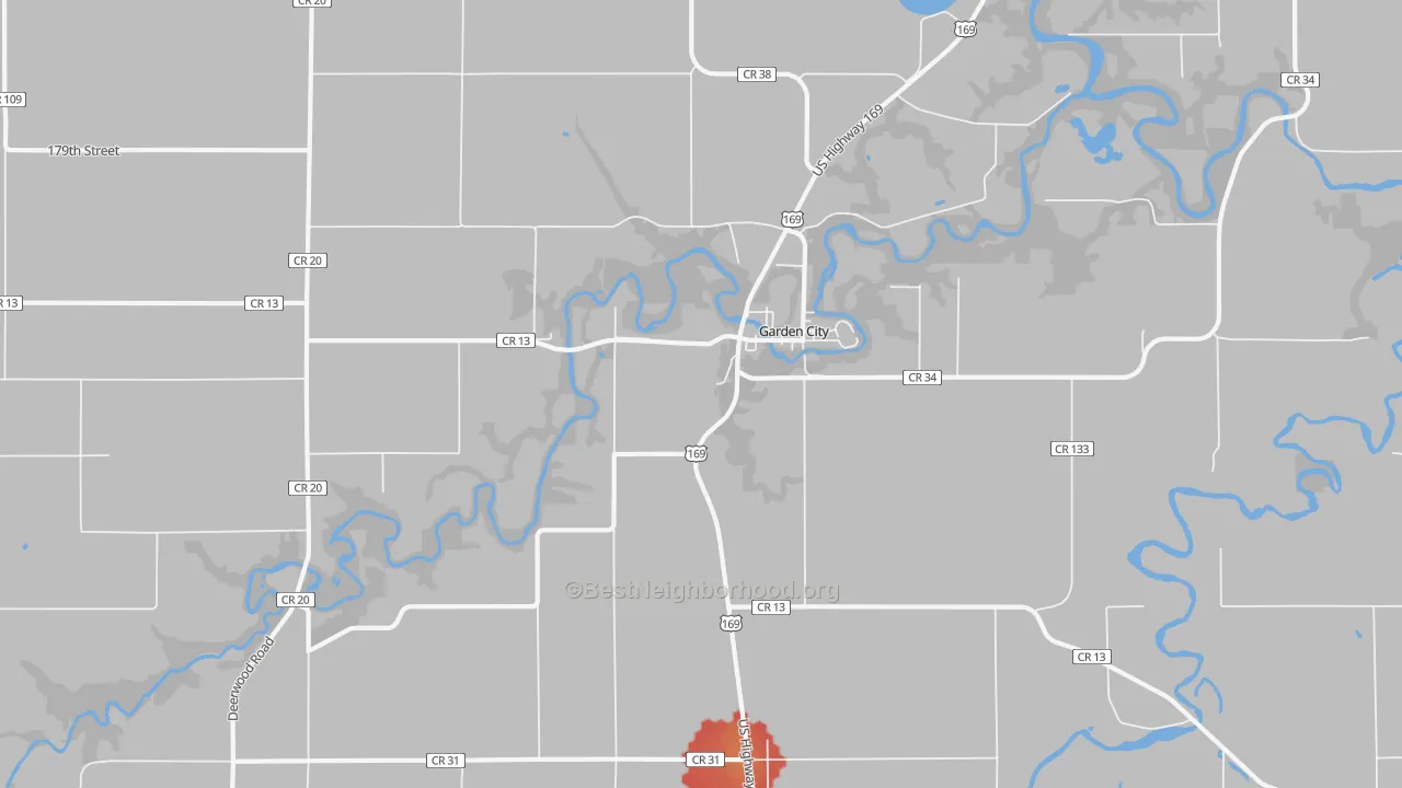 Walk Grade map of 56034, MN, walkable areas in green and car-dependent areas in red