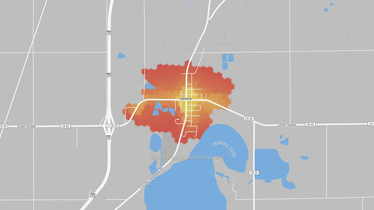 Walk Grade map of 56035, MN, walkable areas in green and car-dependent areas in red