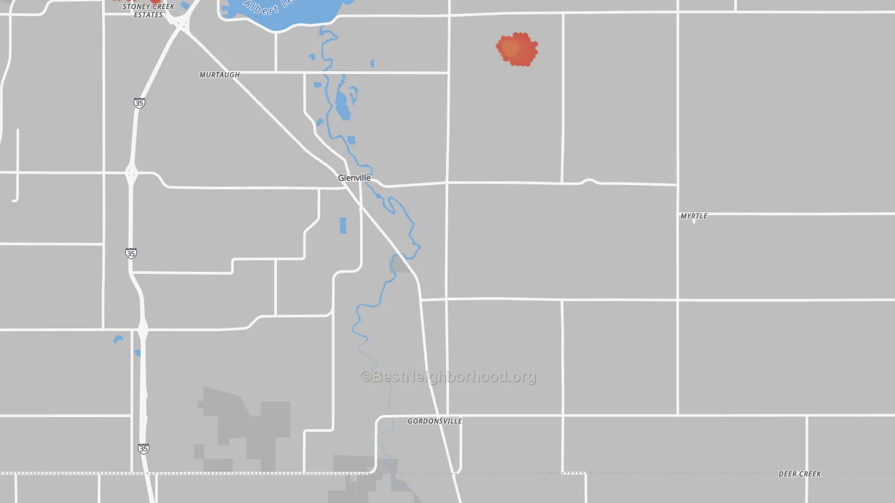Walk Grade map of 56036, MN, walkable areas in green and car-dependent areas in red