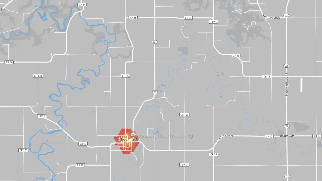 Walk Grade map of 56037, MN, walkable areas in green and car-dependent areas in red