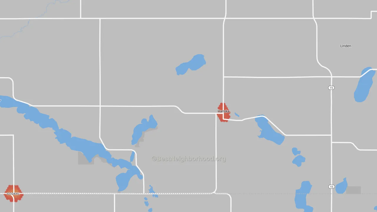 Walk Grade map of 56041, MN, walkable areas in green and car-dependent areas in red
