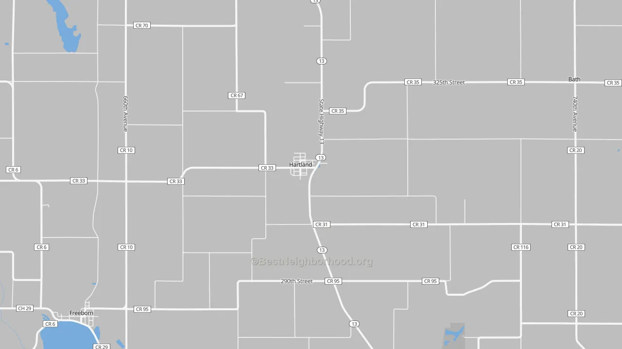Walk Grade map of 56042, MN, walkable areas in green and car-dependent areas in red