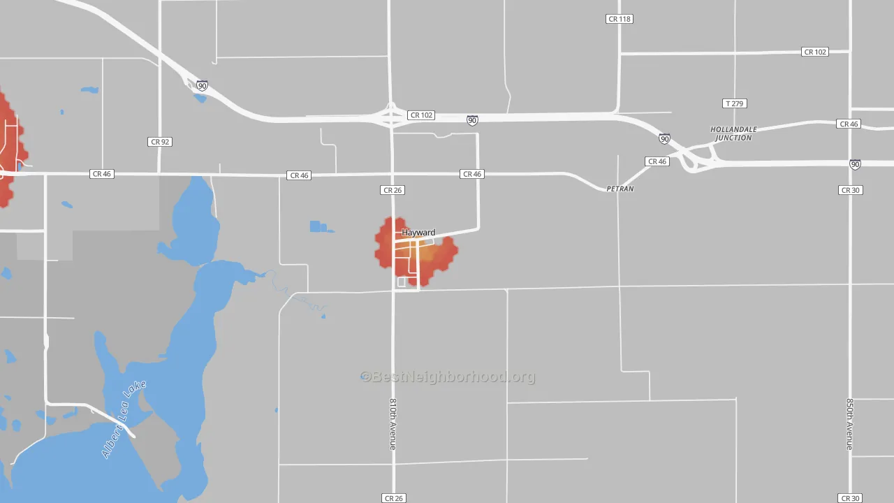 Walk Grade map of 56043, MN, walkable areas in green and car-dependent areas in red