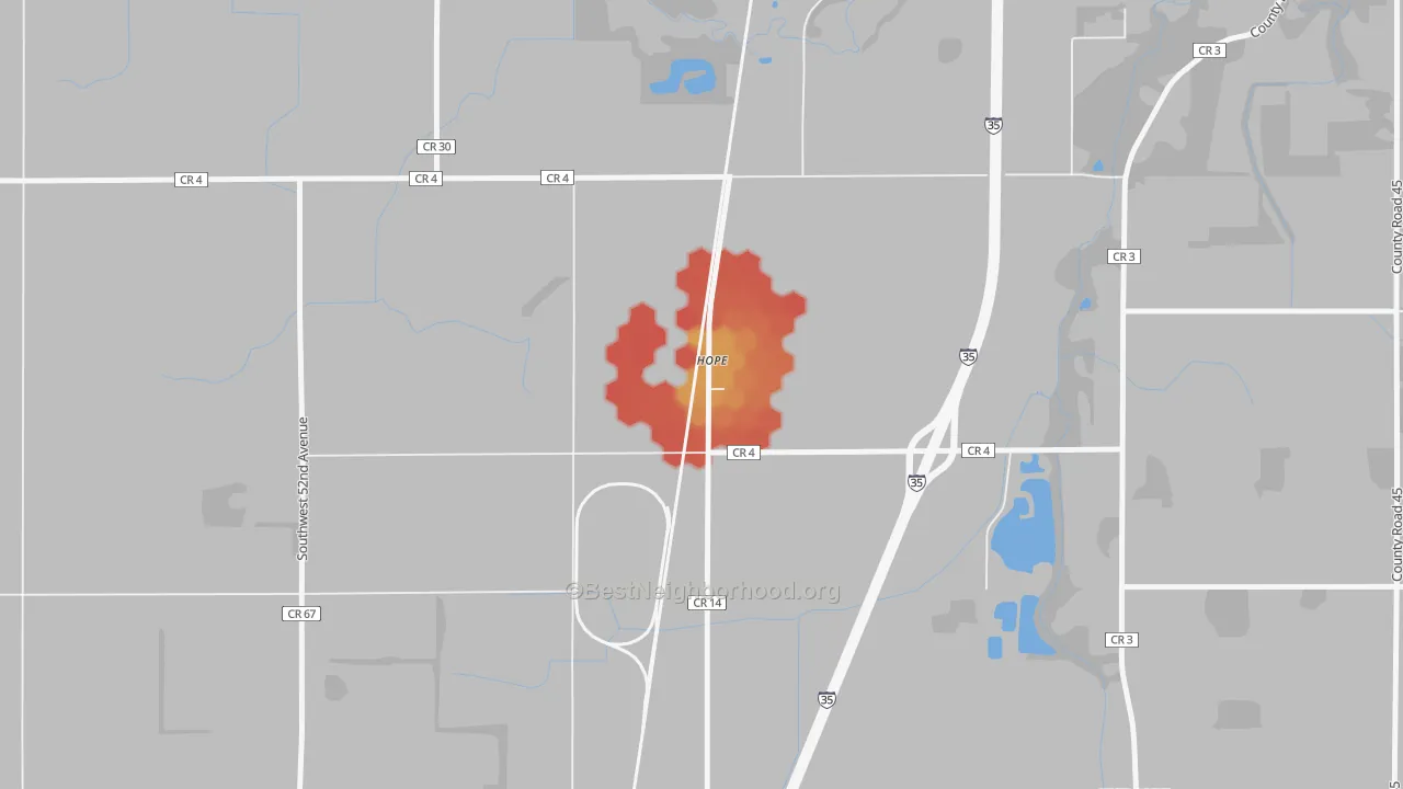Walk Grade map of 56046, MN, walkable areas in green and car-dependent areas in red