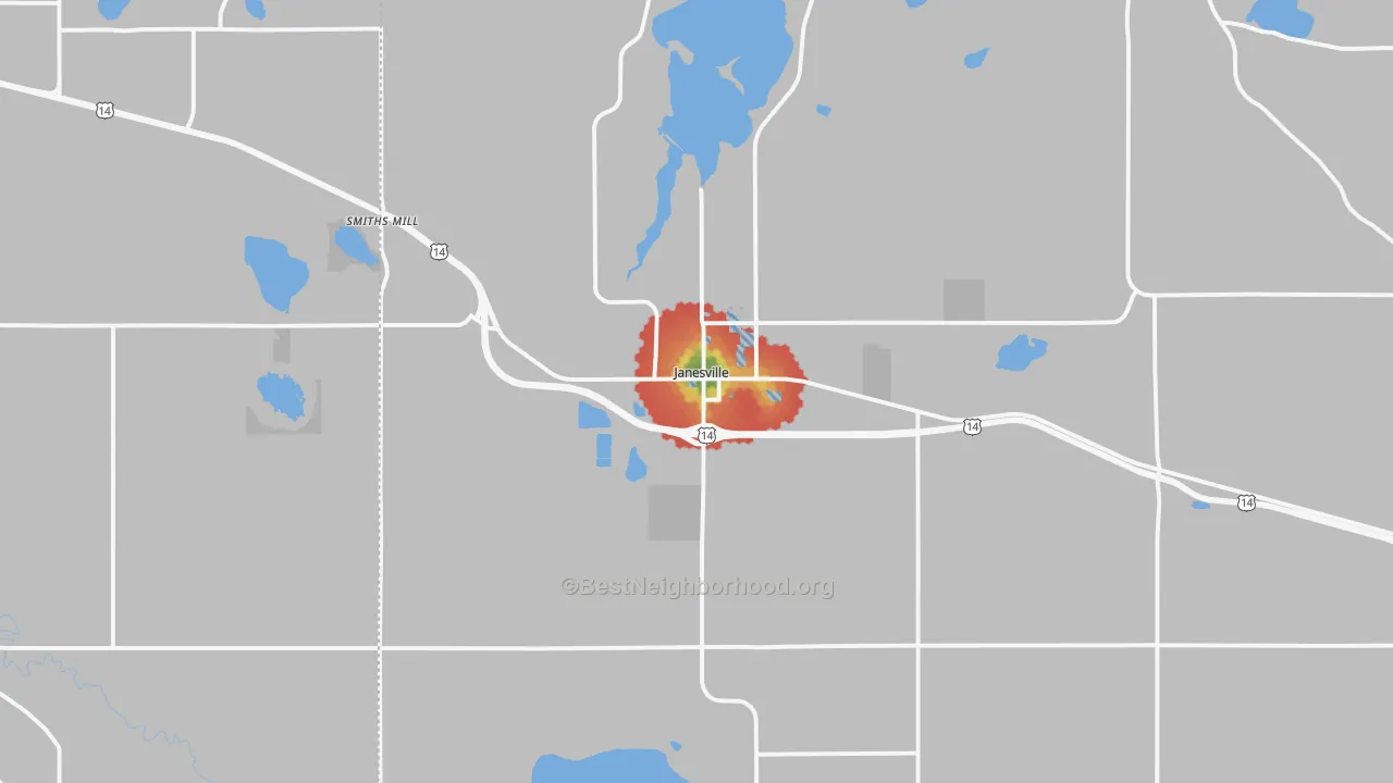 Walk Grade map of 56048, MN, walkable areas in green and car-dependent areas in red