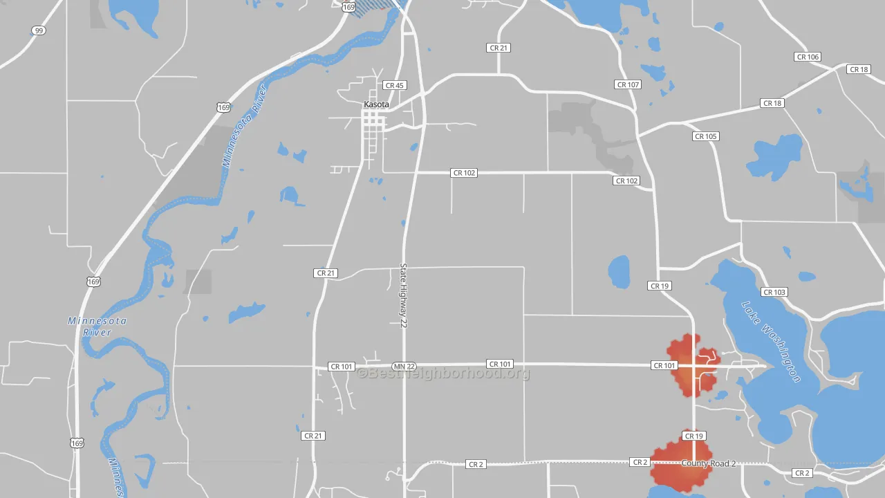 Walk Grade map of 56050, MN, walkable areas in green and car-dependent areas in red